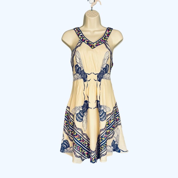 Leifnotes Anthropologie Ivory Blue Bombus Bumble Bee Sleeveless Sun Dress Size 2 - Picture 3 of 8